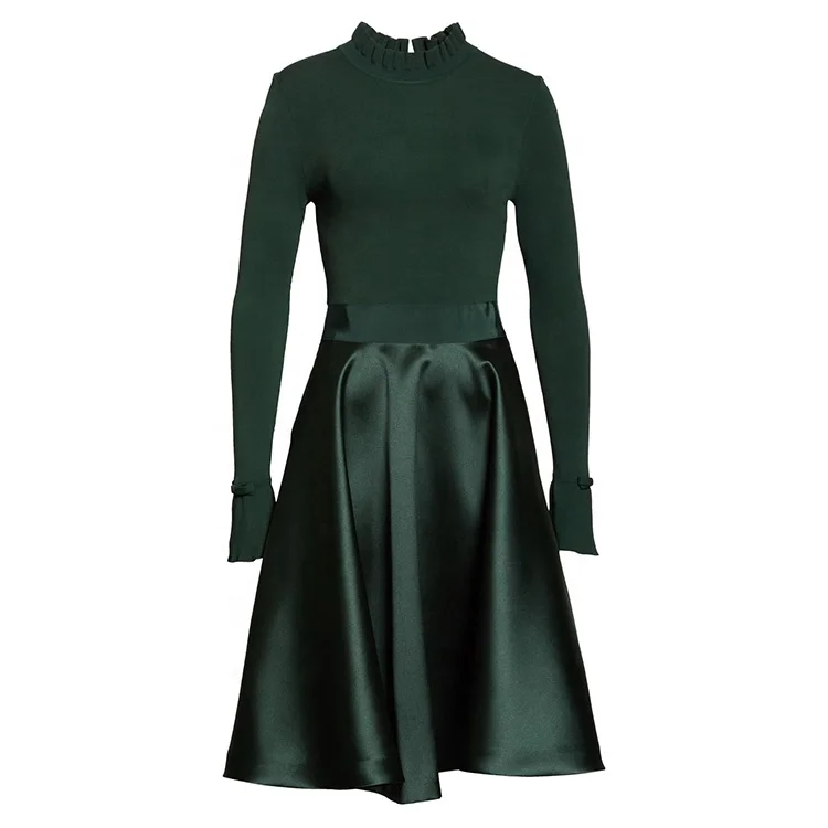 
Custom wholesale dress female long sleeve bow casual skirt green lady elegant evening dress 