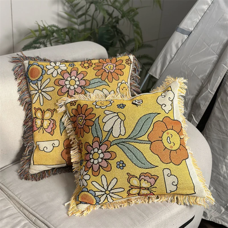 custom tapestry  woven 45*45CM sofa  cushion  cover  jacquard pillow with 5CM  Fringe