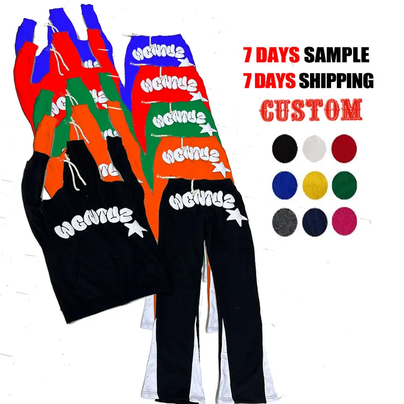 100% Terry Cotton 450 GSM Custom Hoodie Flare Set Oversized Tracksuit with Screen Puff Print Embroidered Designs for Men