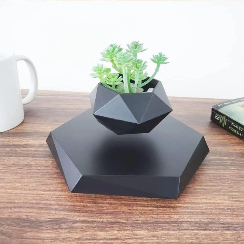 GUIYING Black Hexagon Air Bonsai Floating Plant Pot 360 Degree Rotation Magnetic Levitating Flower Pot Home Office Desk Decor