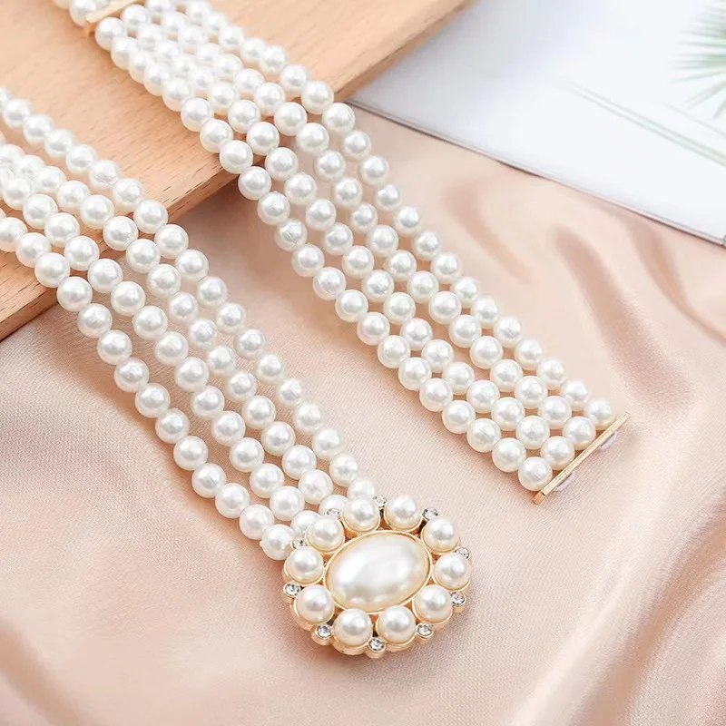 Hot sale  pearl rhinestone sunflower buckle with dresses women pearl belt