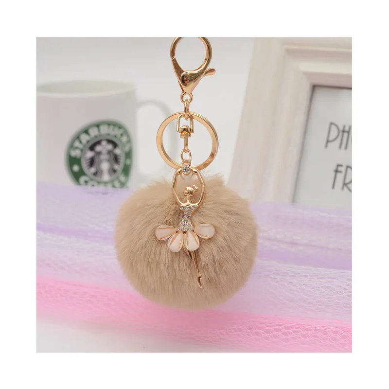 
Imitated Rabbit Fur Pom Pom Angel Ballet Girl Luxury Key Chain for Ladies Keyrings Metal Charm Acessories Pendant Women 1054 