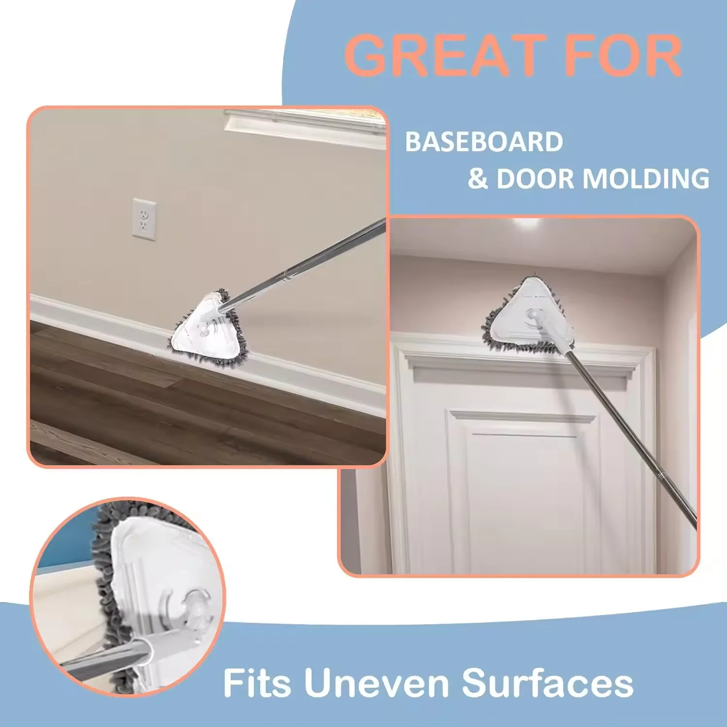 Qiyun Aluminum Triangle Mop with Long Telescopic Handle Deep Cleaning Dry and Wet Mop for Wall Dust Removal