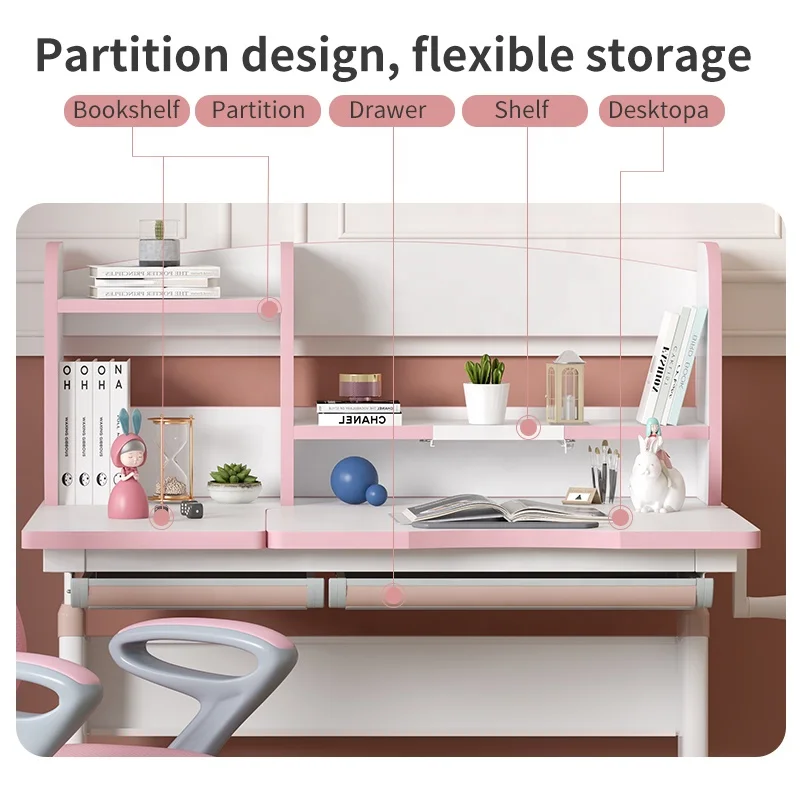 Kids Study Desk Drafting Table Ergonomic Multi Function Adjustable Child Table Computer Station with Book Shelf
