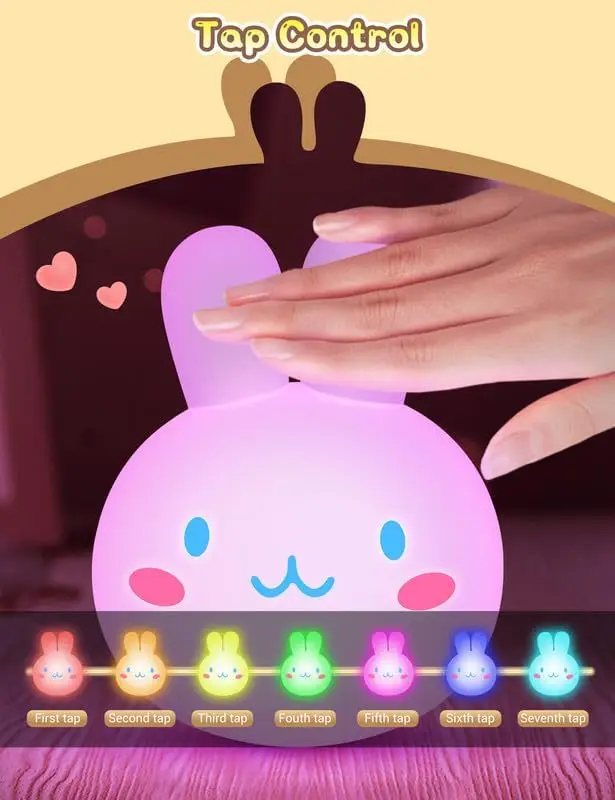 LOHAS  Rechargeable RGB 7-Colors Silicone Night Lights Pat Control Nightlight Ice Cream Bunny Night Lights for Kids Baby Gift