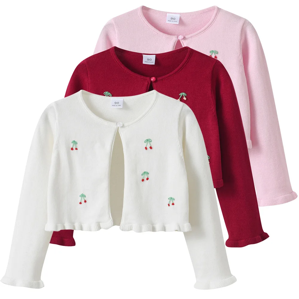bu flower girl white red  hand crotchet cherry cotton cardigan kid cozy thermal wedding party  cloak  bridal shawl bolero
