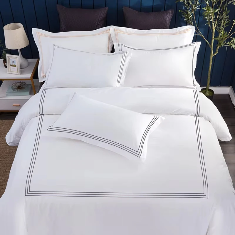 5 Stars Hotel Bedding Set Pure Cotton Satin Strip Bed Line Duvet Cover Sheet