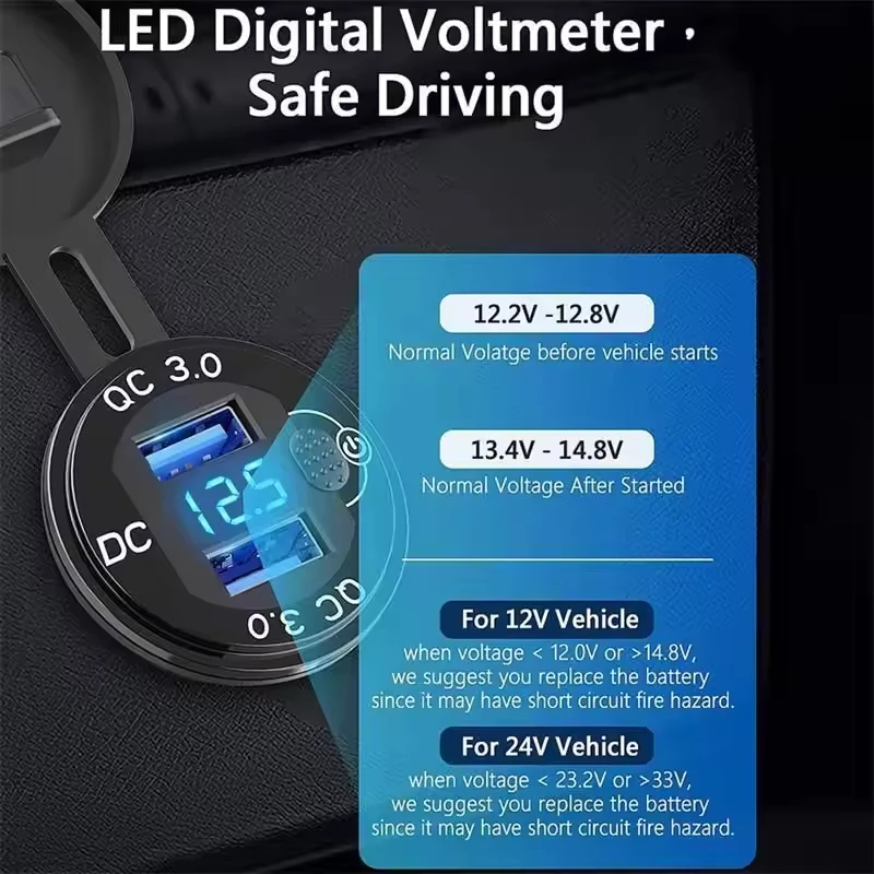 Dual Power Aluminum Fast Charging USB QC3.0 Socket LED Screen Digital Voltmeter 12-24v Car Power Supply 5v Output 1 Year