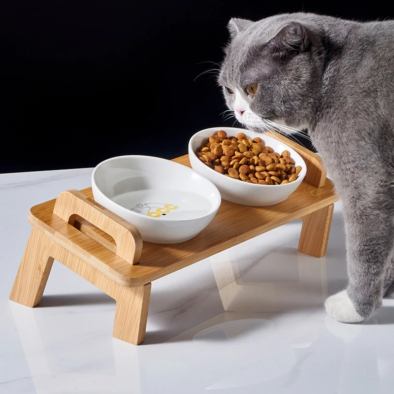 Bamboo stand pet bowl non-slip tilting slow food dog bowl independent OEM production of cat bowl