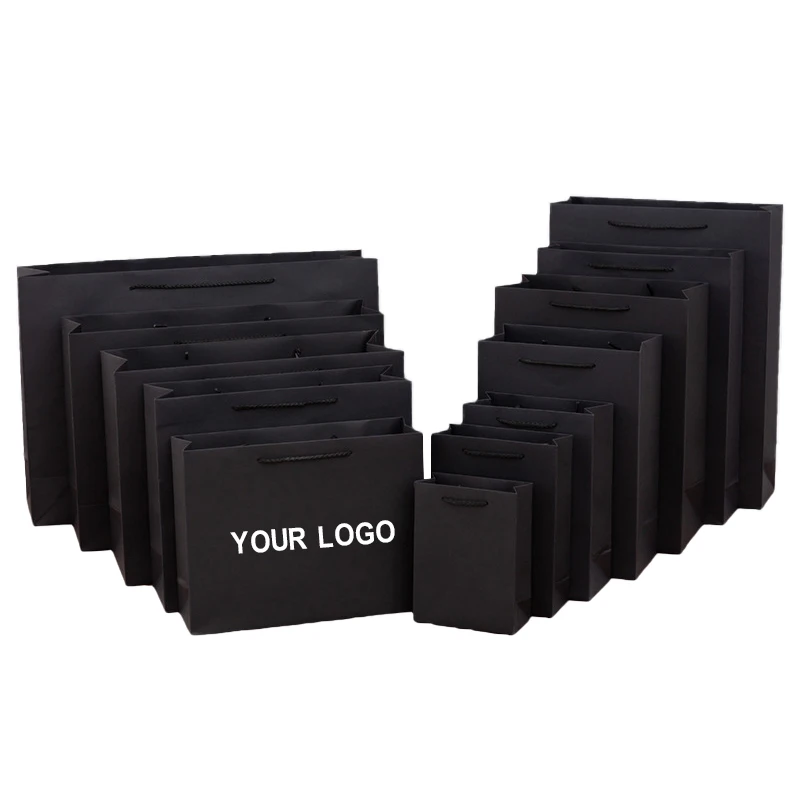 New Gold Black Logo Hot Foiled Stamping Black Matt Kraft Paper Bag With Cotton Rope Handles