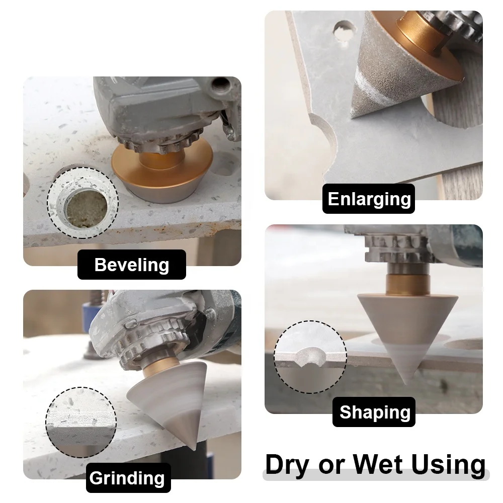 20/35/50mm Vacuum Brazed M14 Thread Diamond Chamfer Beveling Milling Finger Bits Diamond Cone Bit for Hole Trimming Enlarging