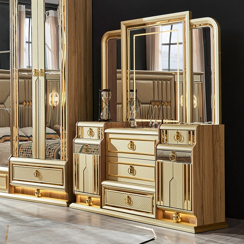Classic Royal Chambre A Lit Coucher Luxe Complet Gold King Size Bed Set Full Wooden Home Furniture Bedroom Sets