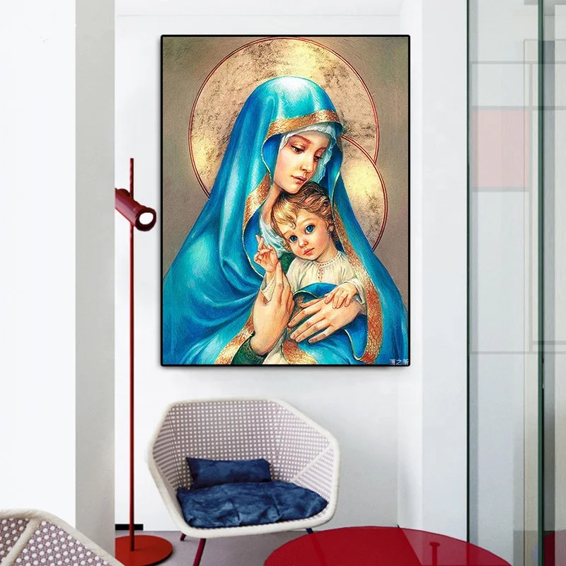 Vintage Religion Virgin Mary Baby Jesus Nordic Poster Wall Pictures For Living Room Home Decor Wall Art Canvas Painting Framed