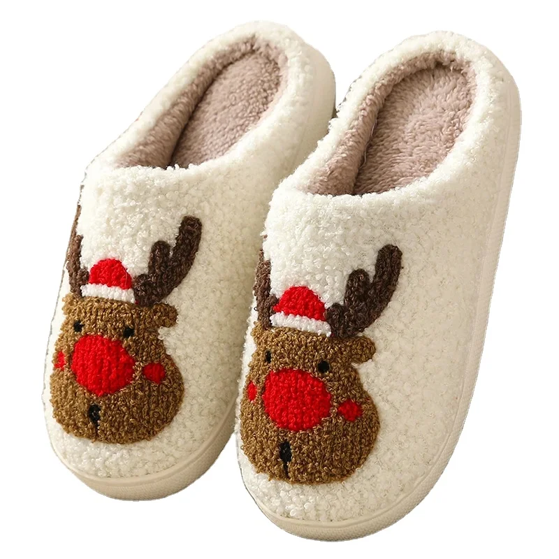 2023 Popular Christmas Elk Design Slides for Adults Christmas pattern Slippers House Indoor Home Winter Furry Plush Slippers