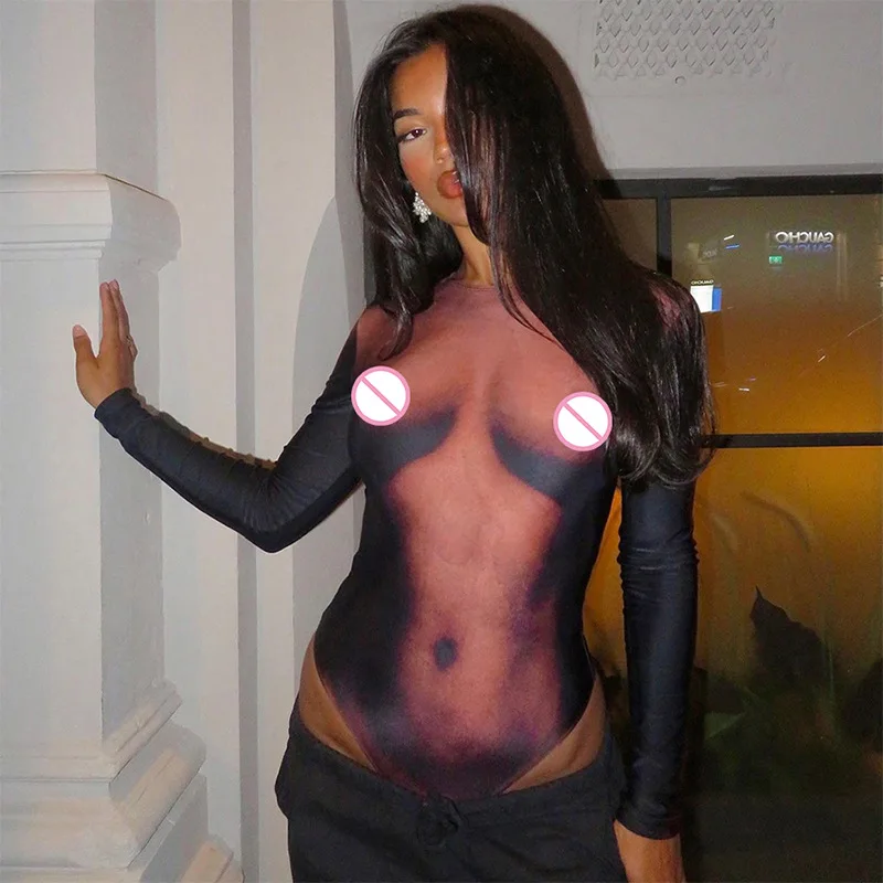 2023 Spring Summer Streetwear Fashion Ladies Women Long Sleeve Club Sexy 3D Body Print Top Jumpsuit Bodysuit