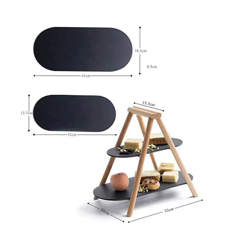 Оптовая продажа, 2 яруса, Овальный натуральный черный сланцевый лоток с деревянной ручкой