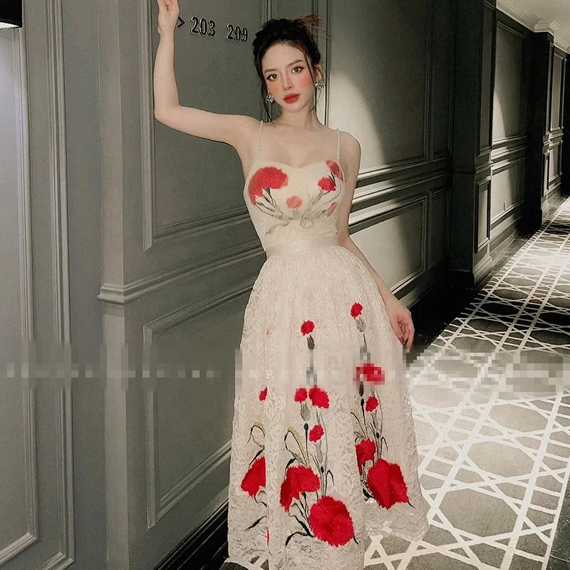 Summer New Style Lace  Print Color Contrast Dress With a Thin Holiday Pearl Strap Skirt