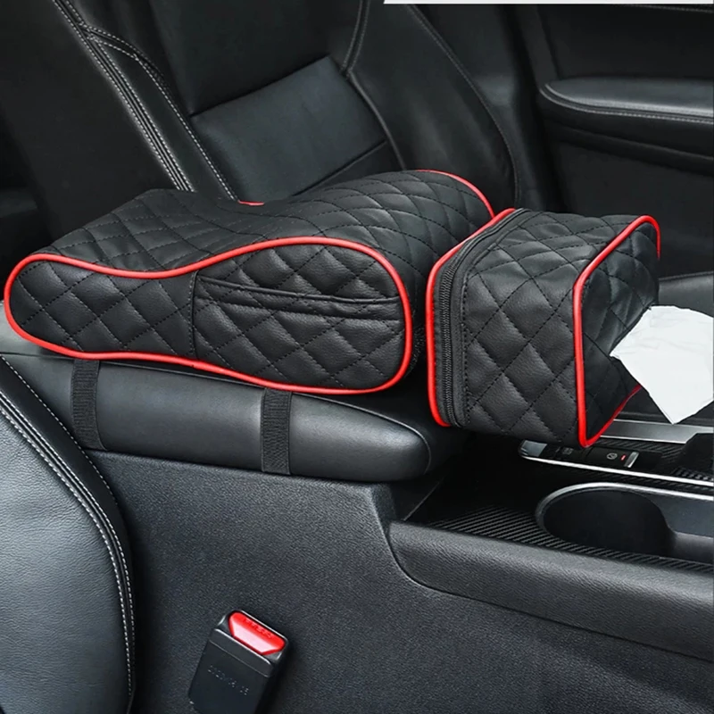 Leather  Car Armrest Box Heightening Pad With Tissue Storage Memory Foam Center Console Armrest Thick Cushion Cover