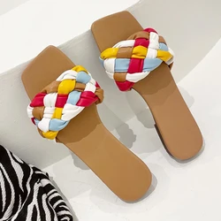 2021 Summer Women Slipper Fashion New Weave Slides Ladies Flat Heel Outdoor Beach Sandal Shoes Flip Flop Size 41