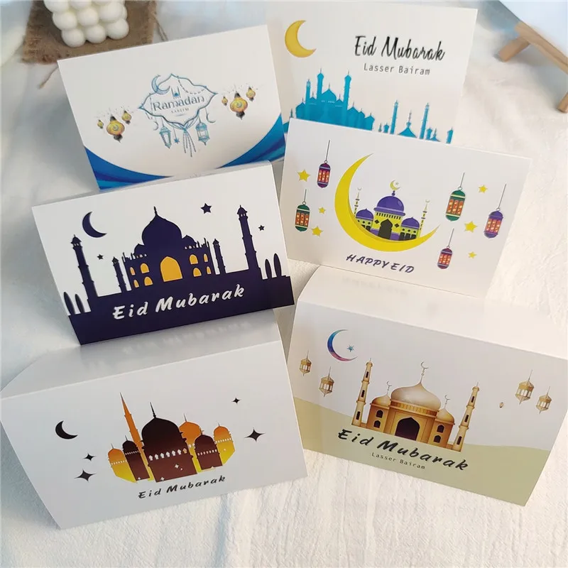 6 sheet/set Greeting Cards Eid Mubarak Postcards Cards Ramadan Party Seat Card Muslim Party Decor Invitation