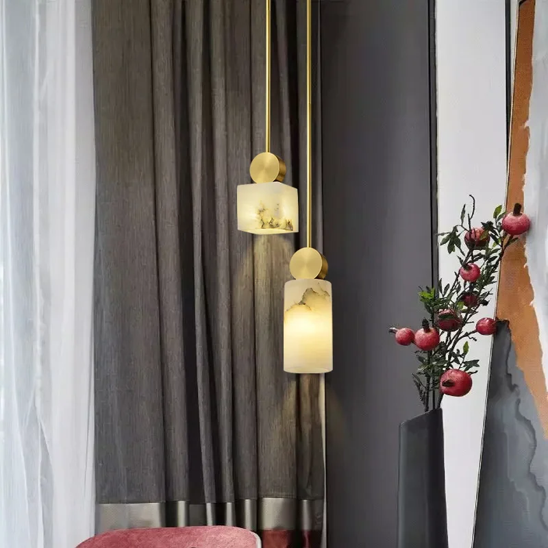 Golden Nordic Style Marble Led Chandelier Bedroom Bedside Single Head Creative Copper Light Luxury Restaurant Bar Hanging Lamp
