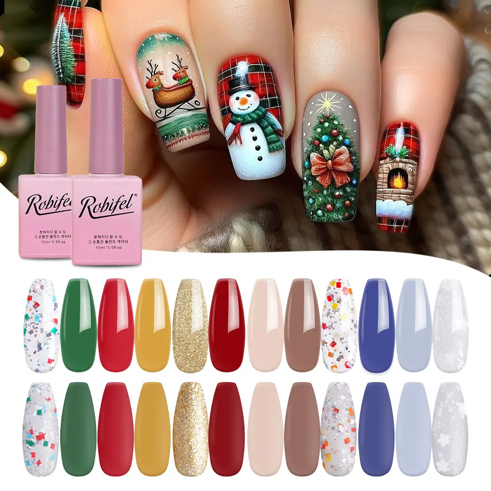 2024 Robifel Christmas Gel Polish Collection Unique Design Box 12 Colors New Year Gel Nail Polish Supplies Oem Private Label