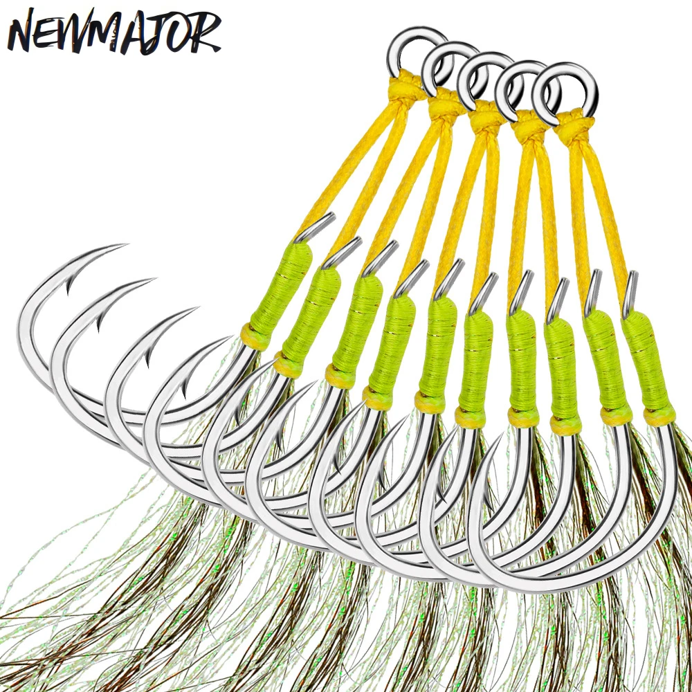 NEWMAJOR 1/0-5/0 Double Hooks for Deep Sea Boat Fishing Slow Swinging Iron Plate Tied Hair 2 Pairs/Pkg Sea Fishing Accessories