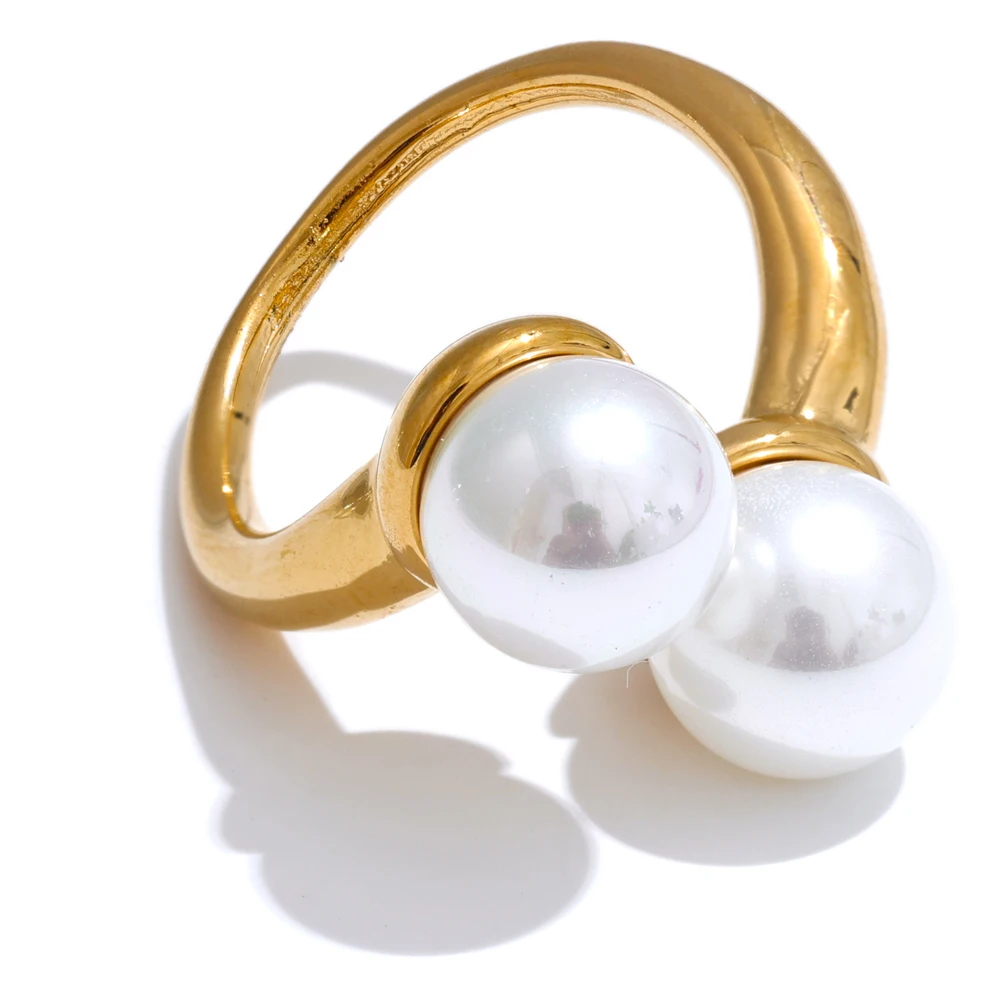 JINYOU 4483 New Arrival Double Simulated Pearls Open Ring Exquisite Stainless Steel Open Adjustable Ring for Women Jewelry Gift