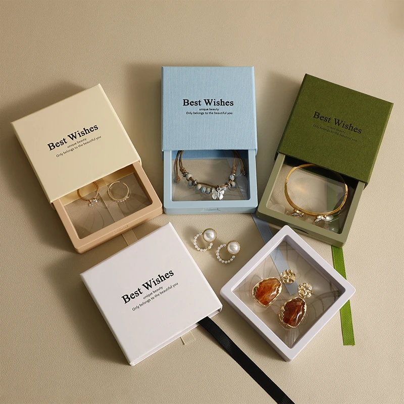 Hot Square Slide Drawer Paper Jewelry Box Ring Display Holder Case Classic Transparent FE Film Jewelry Gift Set Box Packaging