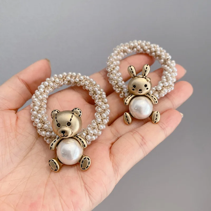 New Pearl Elastic Hair Bands Ties Women Girls Sweet Alloy Bear Rubber Headband Hair Ropes Fashion Hair Accessories Handmade Band