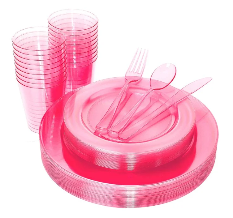 colorful transparent ps disposable dinnerware plastic round dish plates for lunch and party with cups and cutlery
