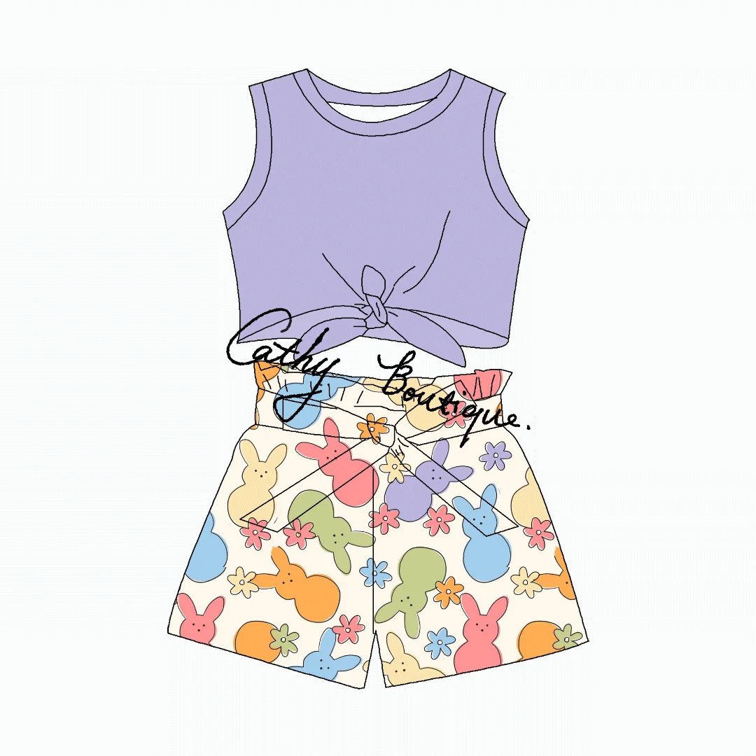 Customizable  western cow printing Kids Boutique tie crop top with shorts summer 2pcs  outfit