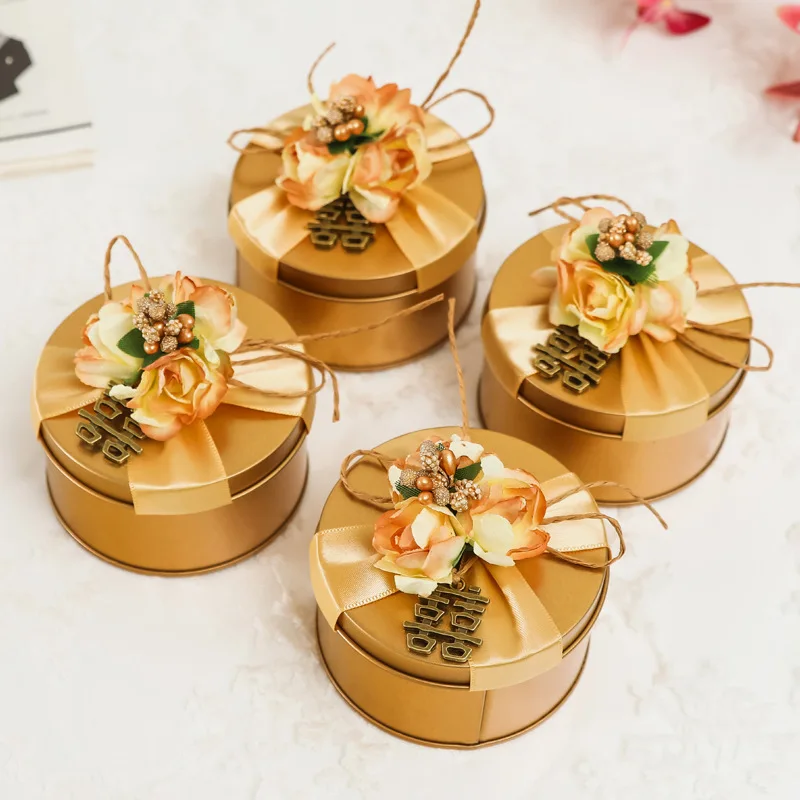 Rectangular /Round Metal Gold Red Wedding Candy Tin New Tinplate Wedding Gift Case Tins with small flower decorations TB110102