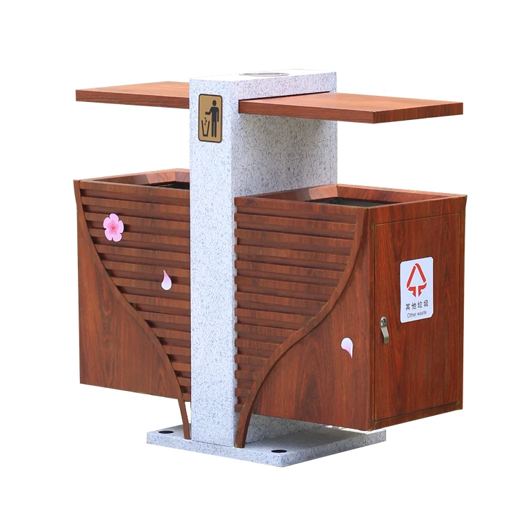 Outdoor dual Wood grain trash cans modern classified galvanized steel dustbin metal garden park garbage bins
