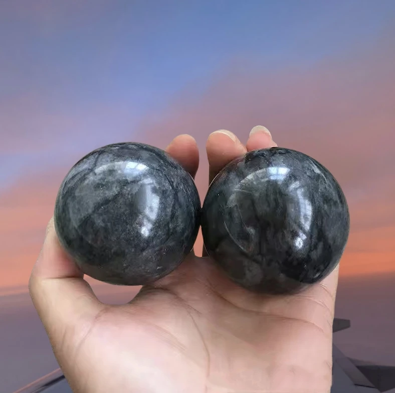 Set of 2 50mm Tourmaline Jade Fitness Balls Carved Crystal Balls Agate&Gemstone Polished Spheres with Engraving Love Theme