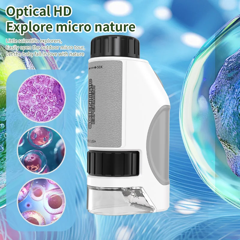 60-300x Kids Science LED Light Mini Plastic Handheld Microscope Toy Kit Educational Outdoor Toy for Children