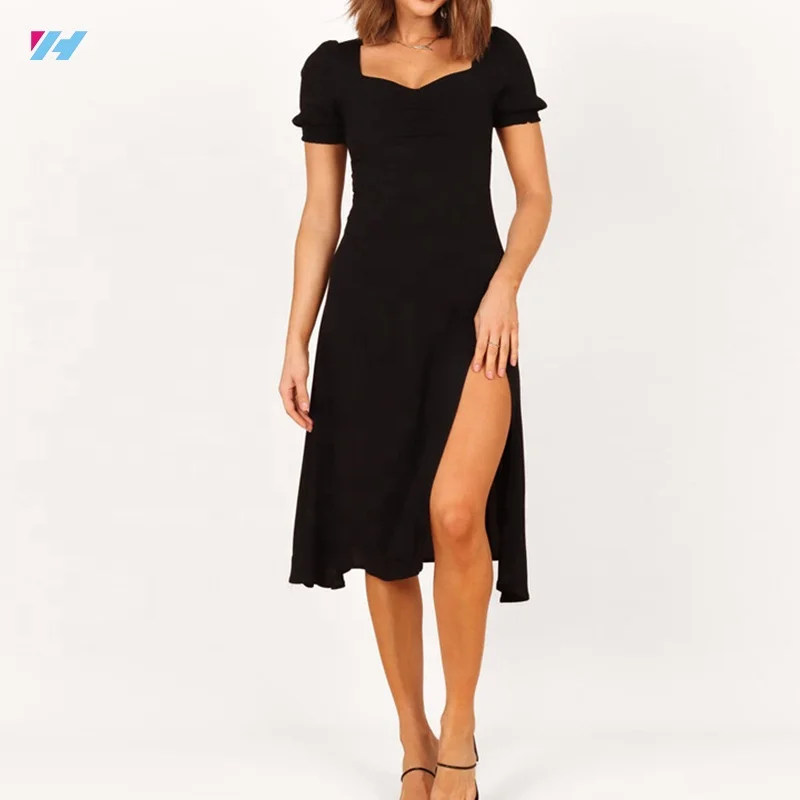 Custom Puff Short Sleeve Square Slit Midi Elegant Lady Dresses Ruffle Hem Black Dress For Women