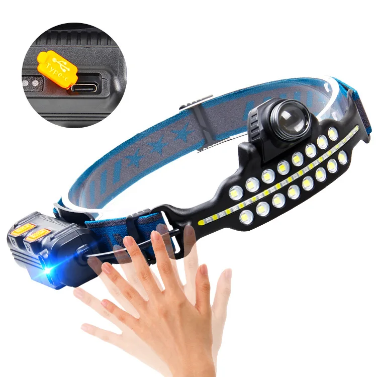 Intelligent induction strong light multi light source zoom Type-C port charging LED head mounted headlight