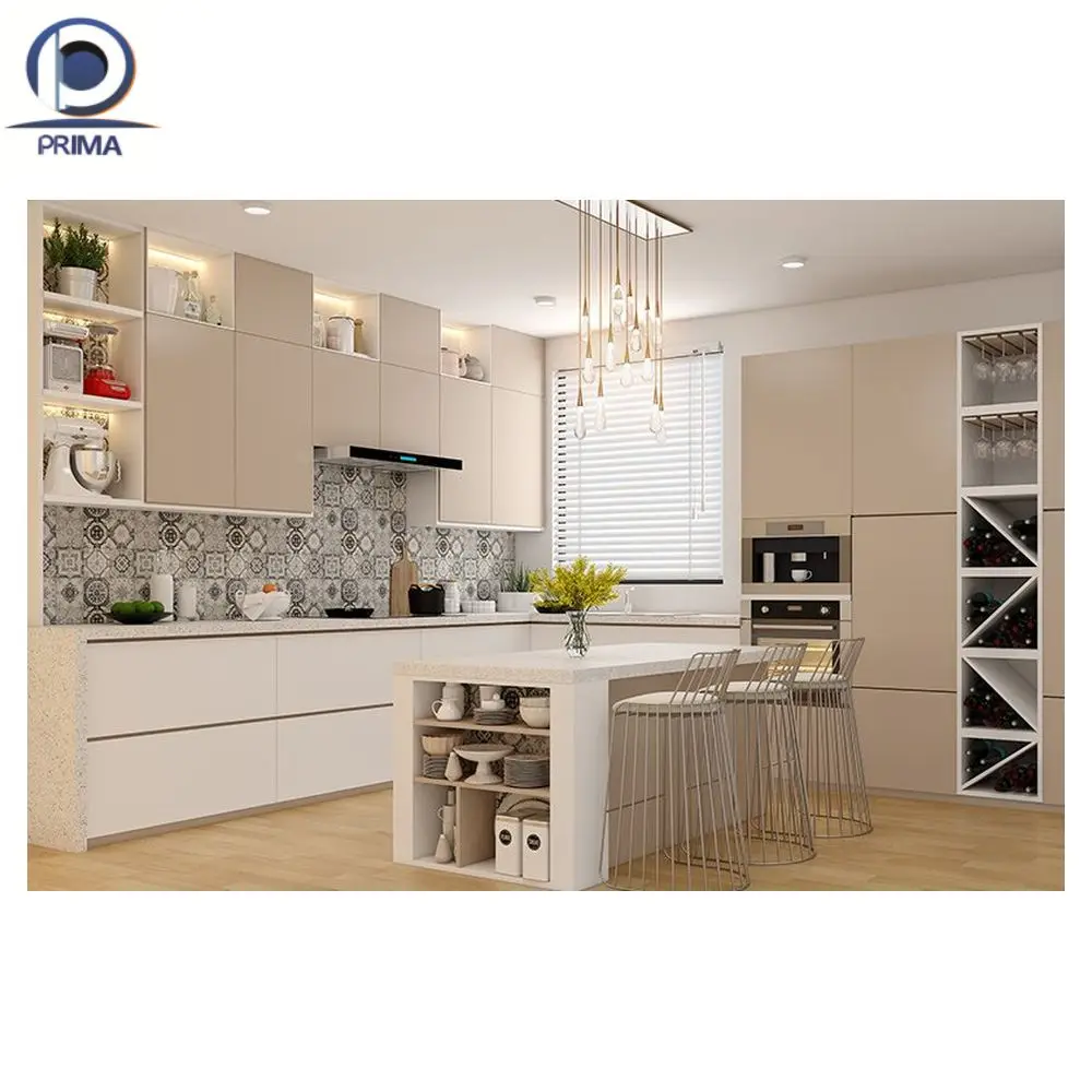 PRIMA INDUSTRY Stylish Fully Customized Kitchen Cabinets Lacquer Laminated Finish Wood Material Customized Cupboard