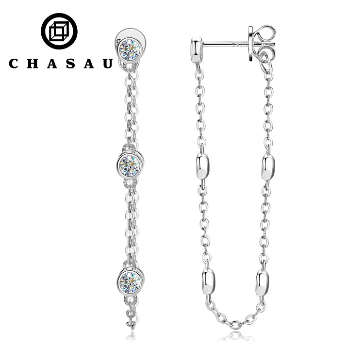 Wholesale of New product Long Chain Tassel 925 Sterling Silver Bezel 3mm Moissanite Drop Earrings for Women