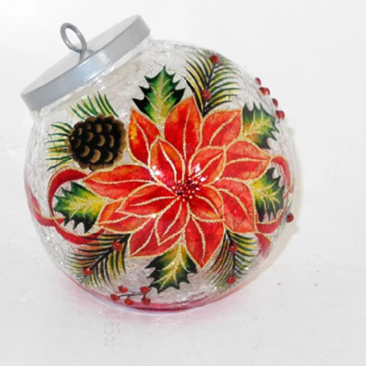 Fast delivery children crystal ball glow 5.91 INCH  Hand painted poinsettia glass ornament with BO copper lights for Home decor