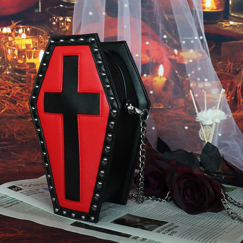 Gothic Coffin Shaped Handbag Vegan Pu Leather Custom Goth Cross Shoulder Bag