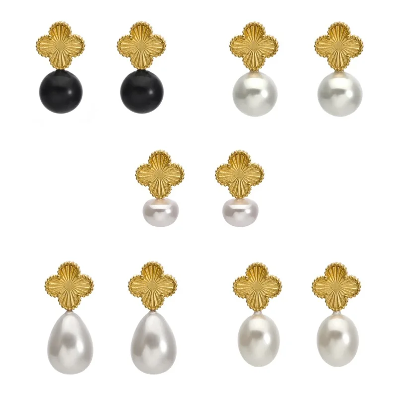 Retro light luxury pearl earrings titanium steel 18K electroplated four-leaf clover earrings stainless steel earrings