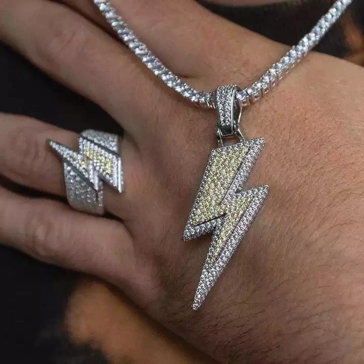 New Fashion Iced Out Bling Full Cubic Zirconia Lightning Bolt Pendant Twist Rope Chain Hip Hop Necklace Men Jewelry