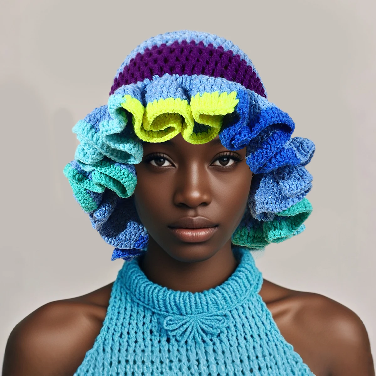 Handmade Crochet Ruffle Beanie Hat For Women Adult Floppy Knit Cap With Hollow-Out Ruffles Stretchy Y2K Style