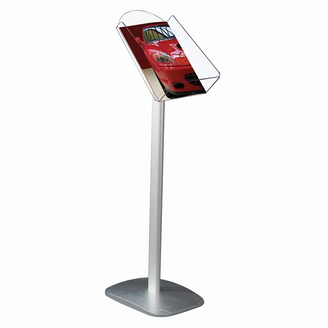 New design brochure stand A4 size catalog holder acrylic floor stand silver pole and base