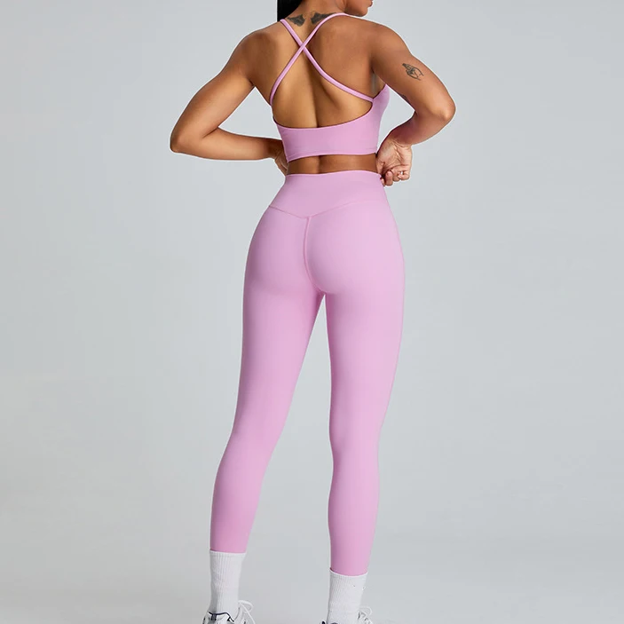 Candy Color Cross Back Bra Butt Lift Leggings Two Piece Yoga Outfits Women Fitness Sports Set