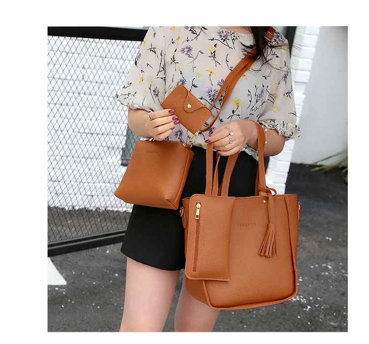 Promotion cheap leather handbags for women 4pcs in a set big size tote handbags ladies luxury shoulder crossbody bag with tassel