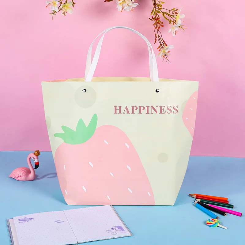 Ship-shaped white cardboard pink fruit pattern clothing tote bag creative ingot gift paper bag