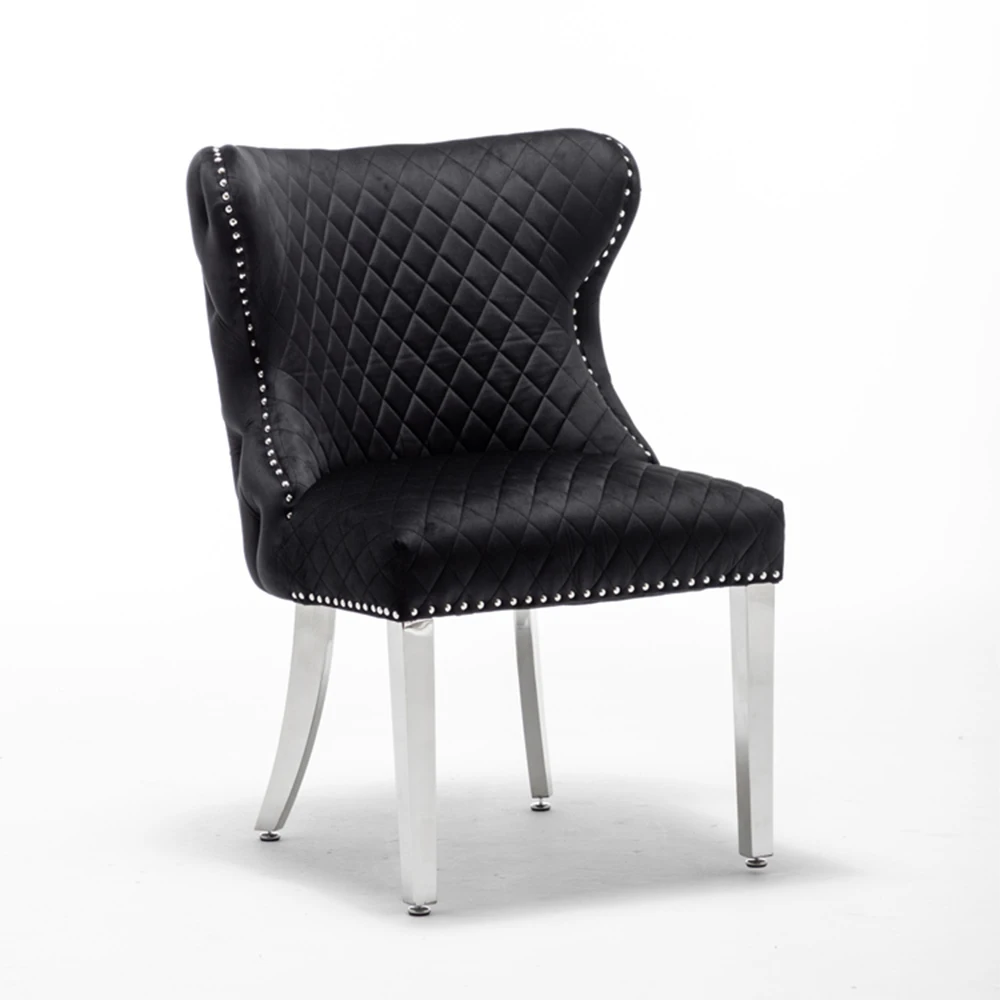 Luxury fabric tufted back stainless steel metal dining chair with back knocker